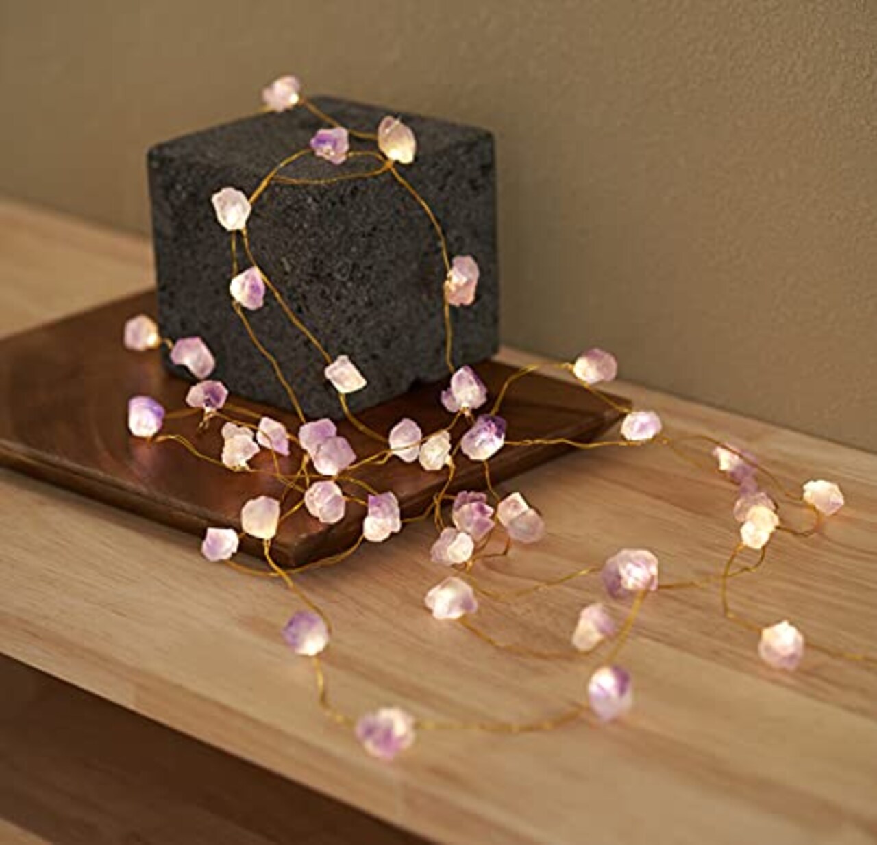 Natural Amethyst Raw Stones USB/Battery Powered 10FT 40 LEDs with Remote/Timer for Meditation Wedding Valentine's Day Present Bedroom Christmas Party Birthday Ornament